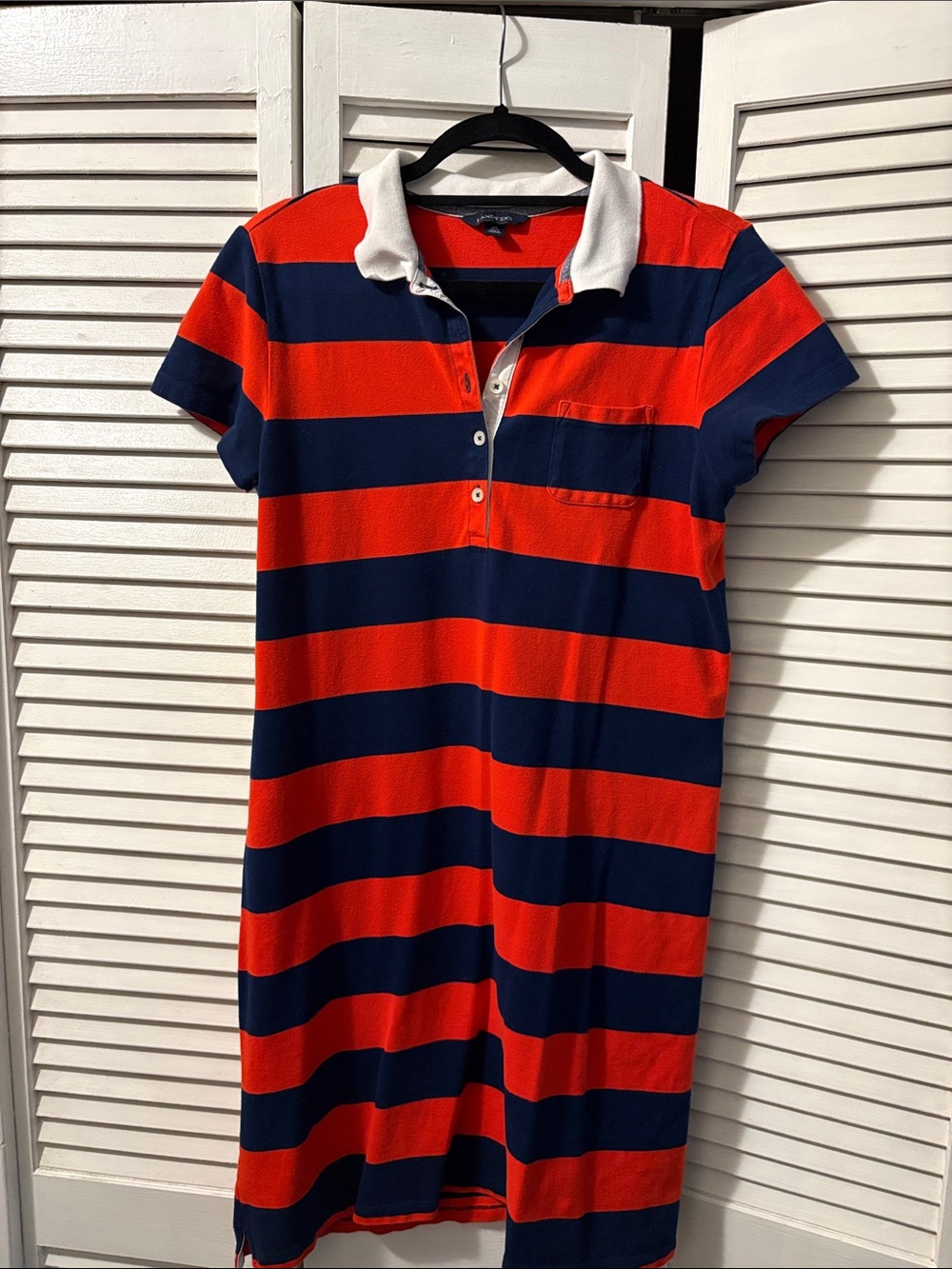 Lands' End Red and Navy Striped Polo Dress with White Collar
